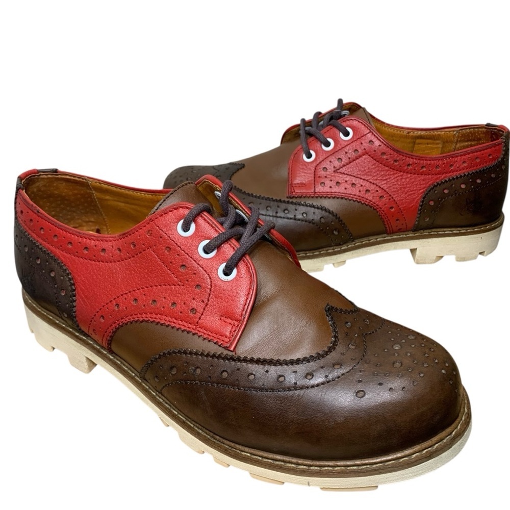 John Fluevog Leather Derby Shoes Sz 9 Brown Red Wing tip Brogue Eclectic Hipster